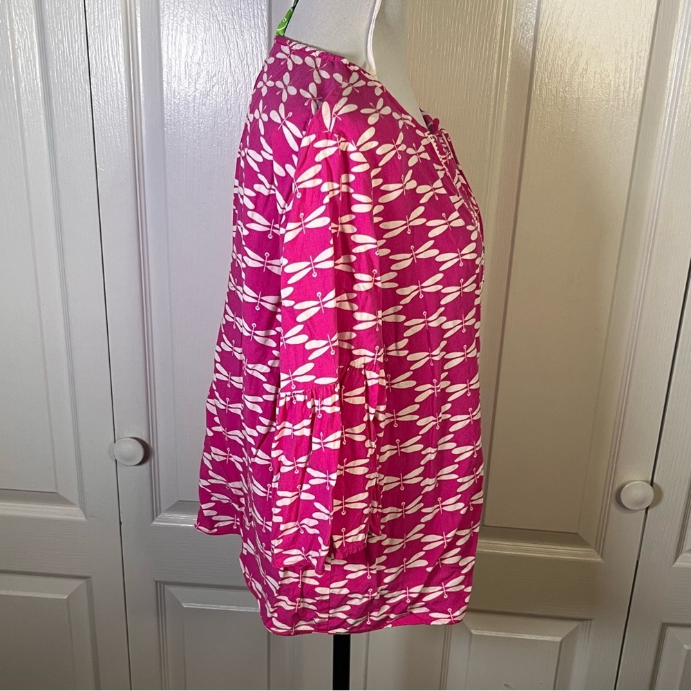 Pappagallo Sz L Pink White Dragon Fly Bell Sleeve Blouse Top Tunic Beach Resort - Picture 5 of 13